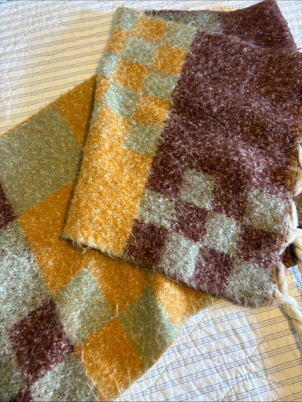 Cozy Checked Fringe Scarf in Rust and Cream